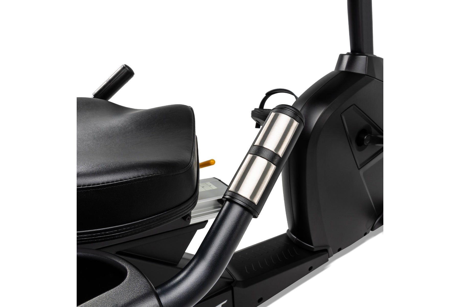 Black recumbent exercise bike with padded seat, silver and black handlebar, and vertical support post on white background