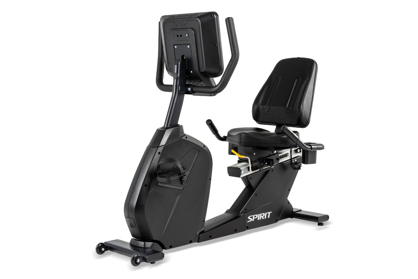 Spirit CR800 black recumbent exercise bike with digital display console and padded seat on white background