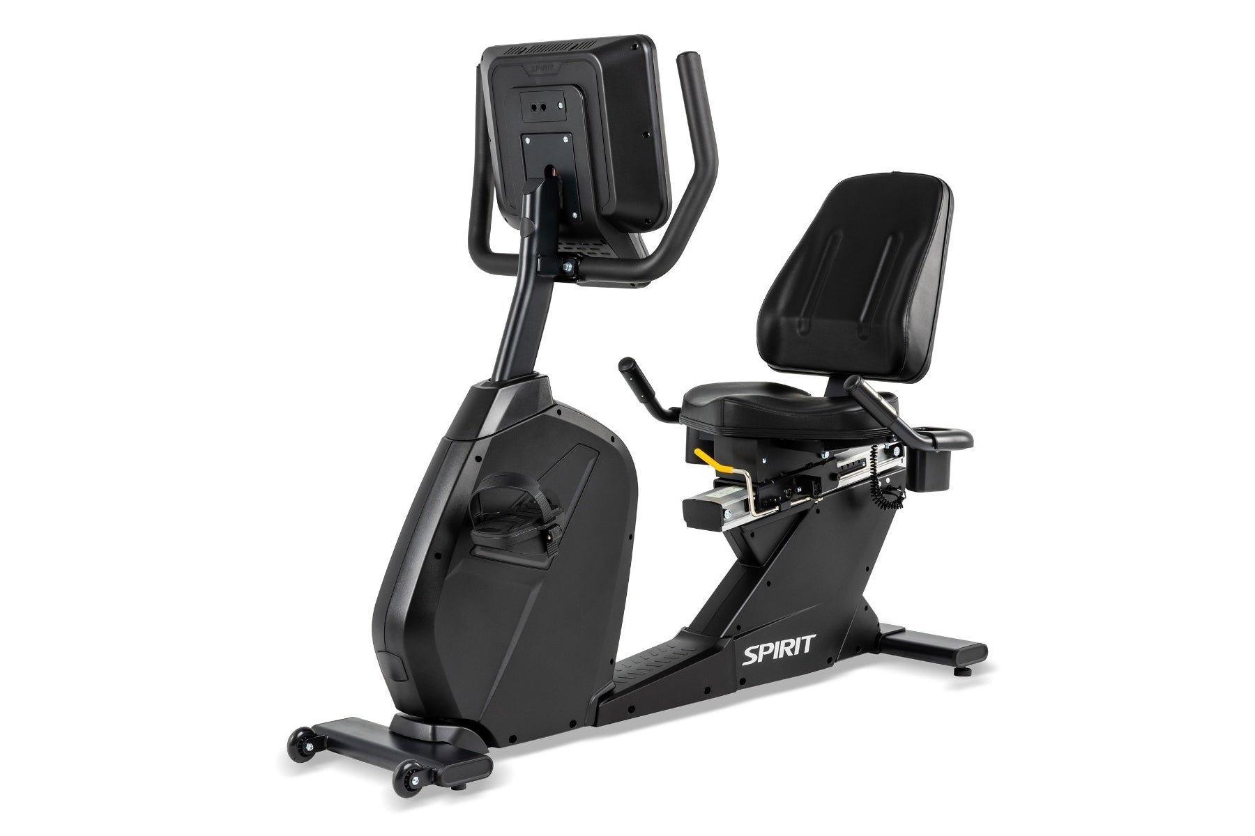 Spirit CR800 black recumbent exercise bike with digital display console and padded seat on white background