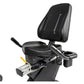 Black recumbent exercise bike with padded seat and backrest, featuring handlebars with cup holders and digital console, on wh