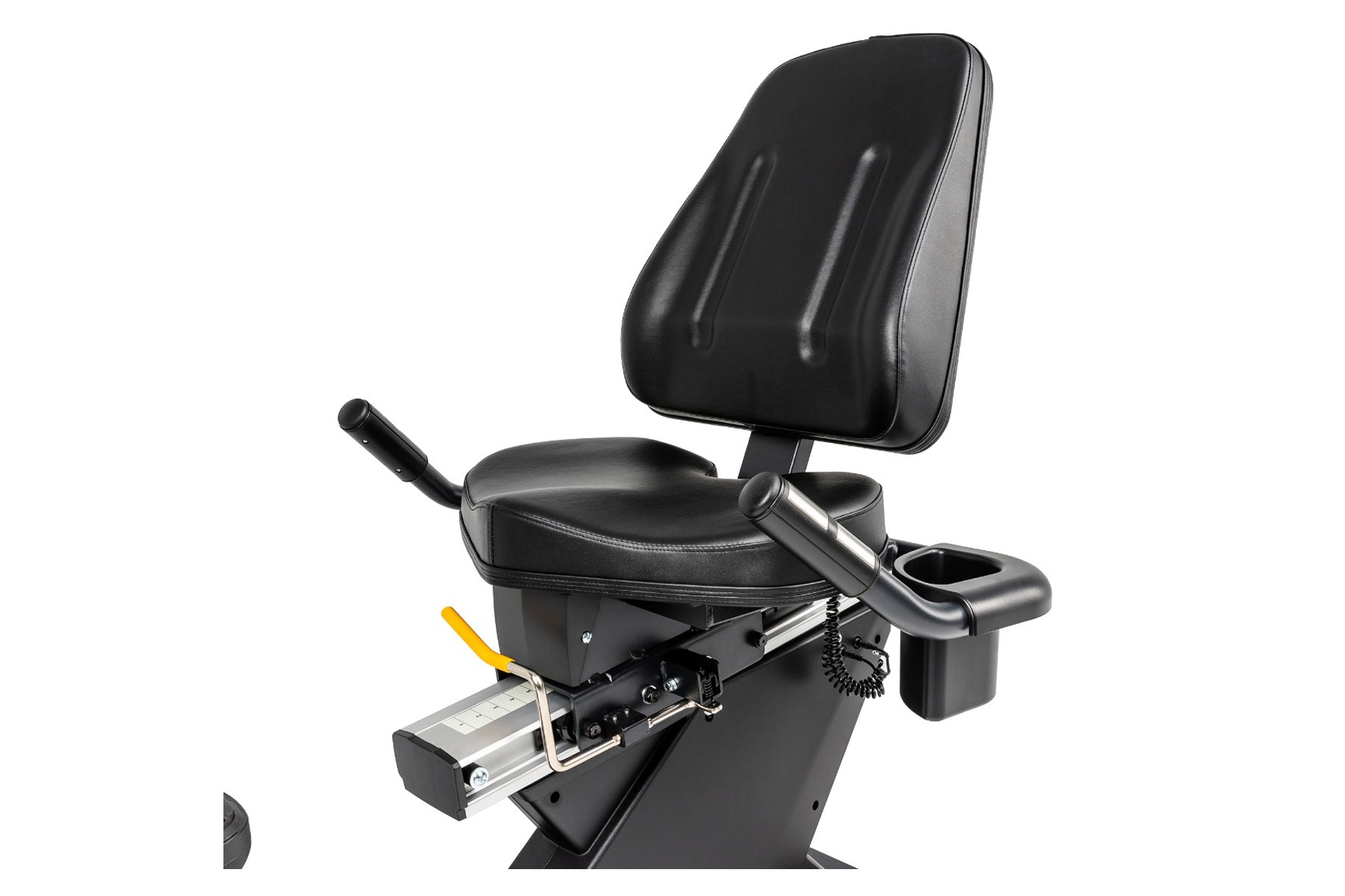 Black recumbent exercise bike with padded seat and backrest, featuring handlebars with cup holders and digital console, on wh