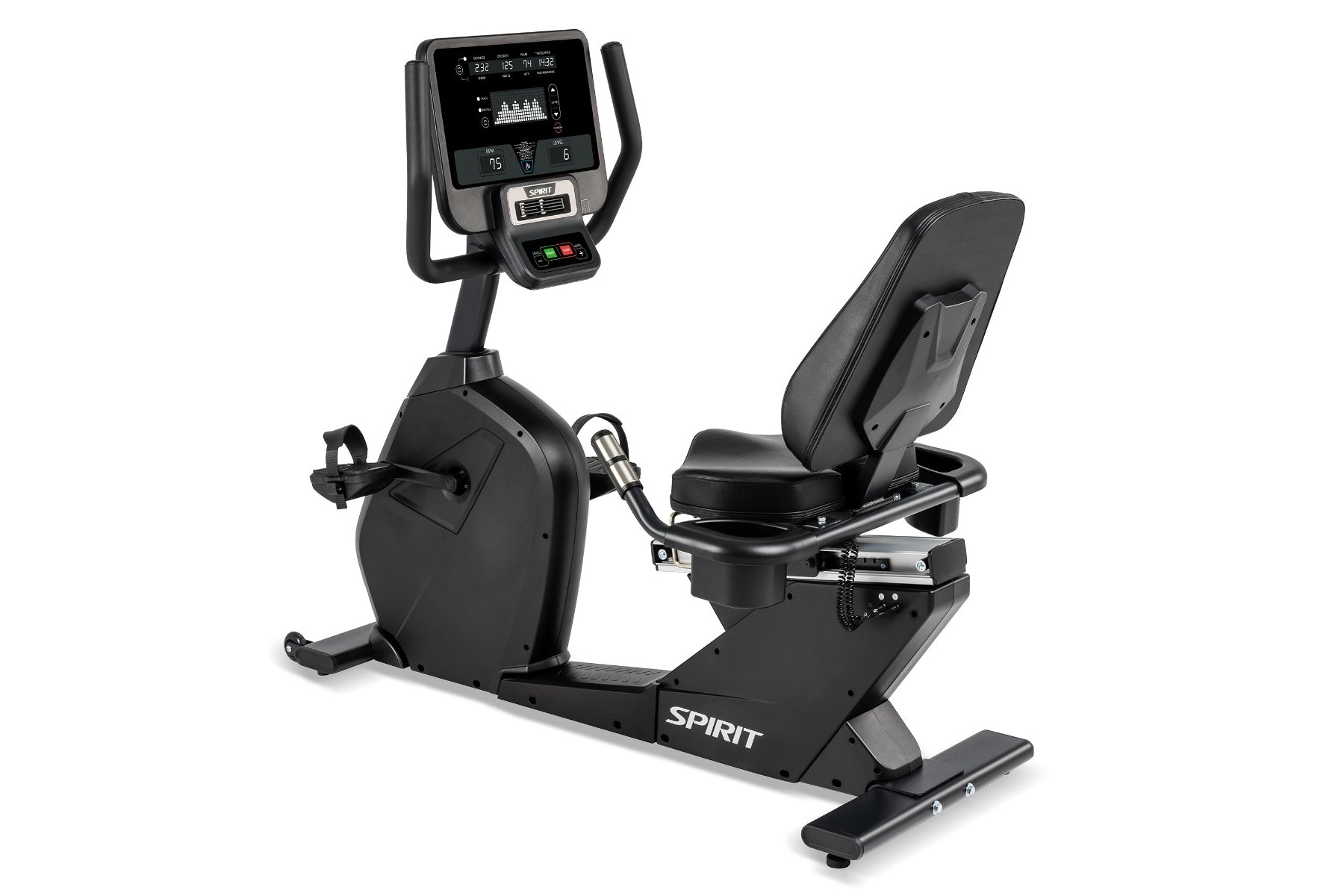 Spirit CR800 black recumbent exercise bike with digital display console, padded seat, and footrest on white background