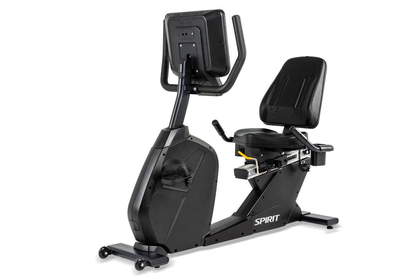 Spirit CR800ENT recumbent exercise bike with black frame, padded seat and backrest, digital display console, and foot pedals 
