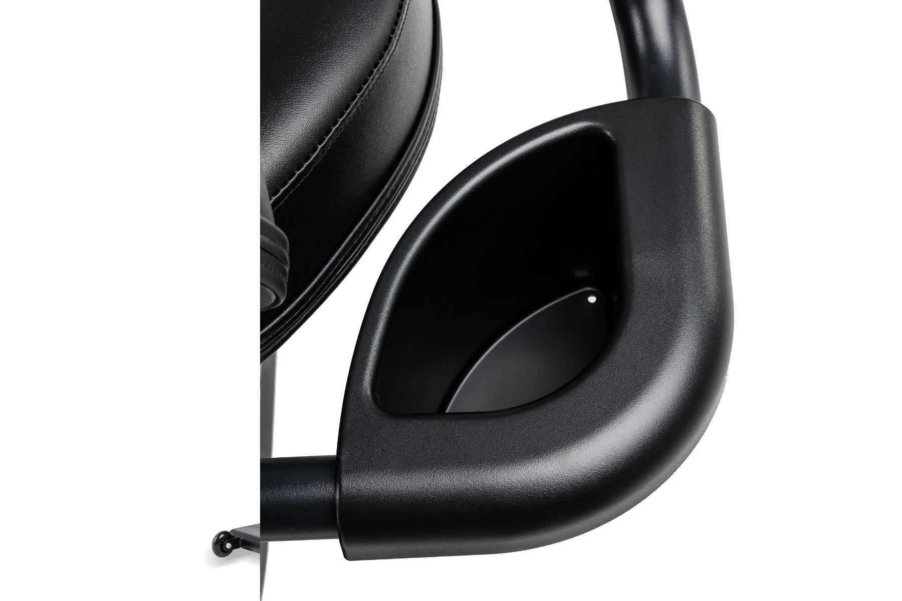 Black over-ear headphones with padded leather ear cups and adjustable headband on white background