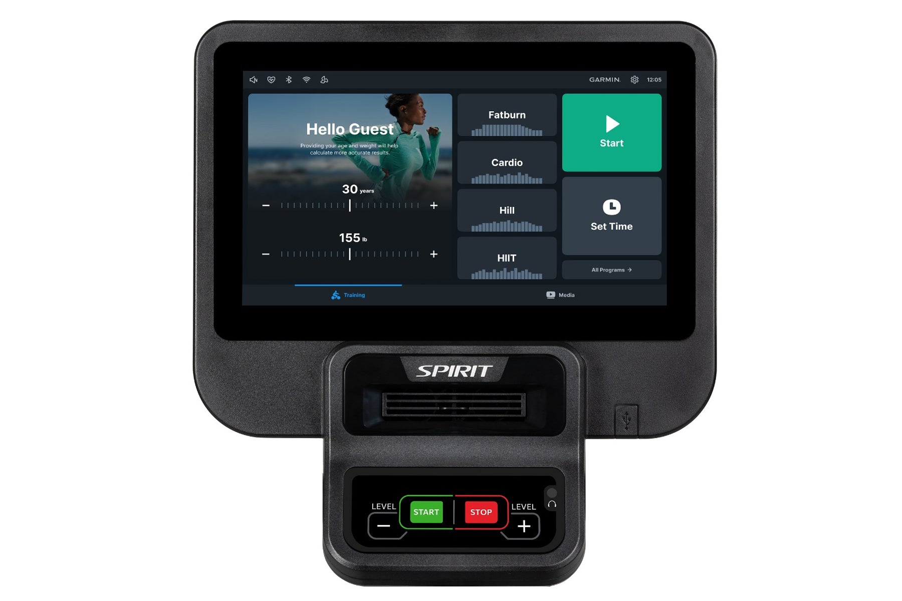 Spirit CR800ENT recumbent bike with touchscreen display showing fitness programs, age and weight settings, and control consol