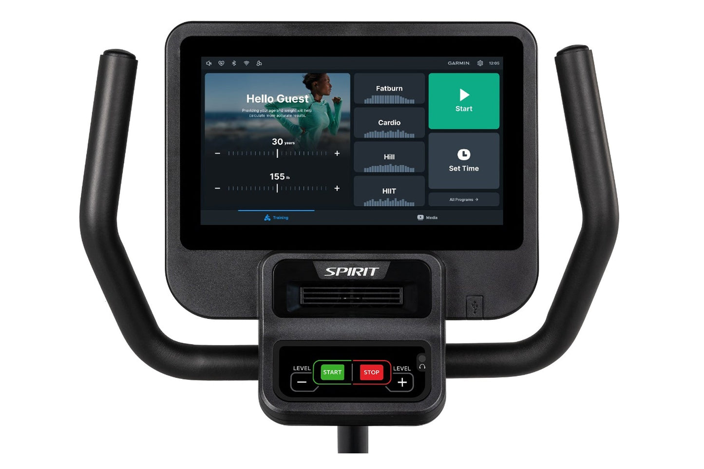 Spirit CR800ENT recumbent exercise bike with black frame, curved handles, and Garmin touchscreen display showing fitness trac
