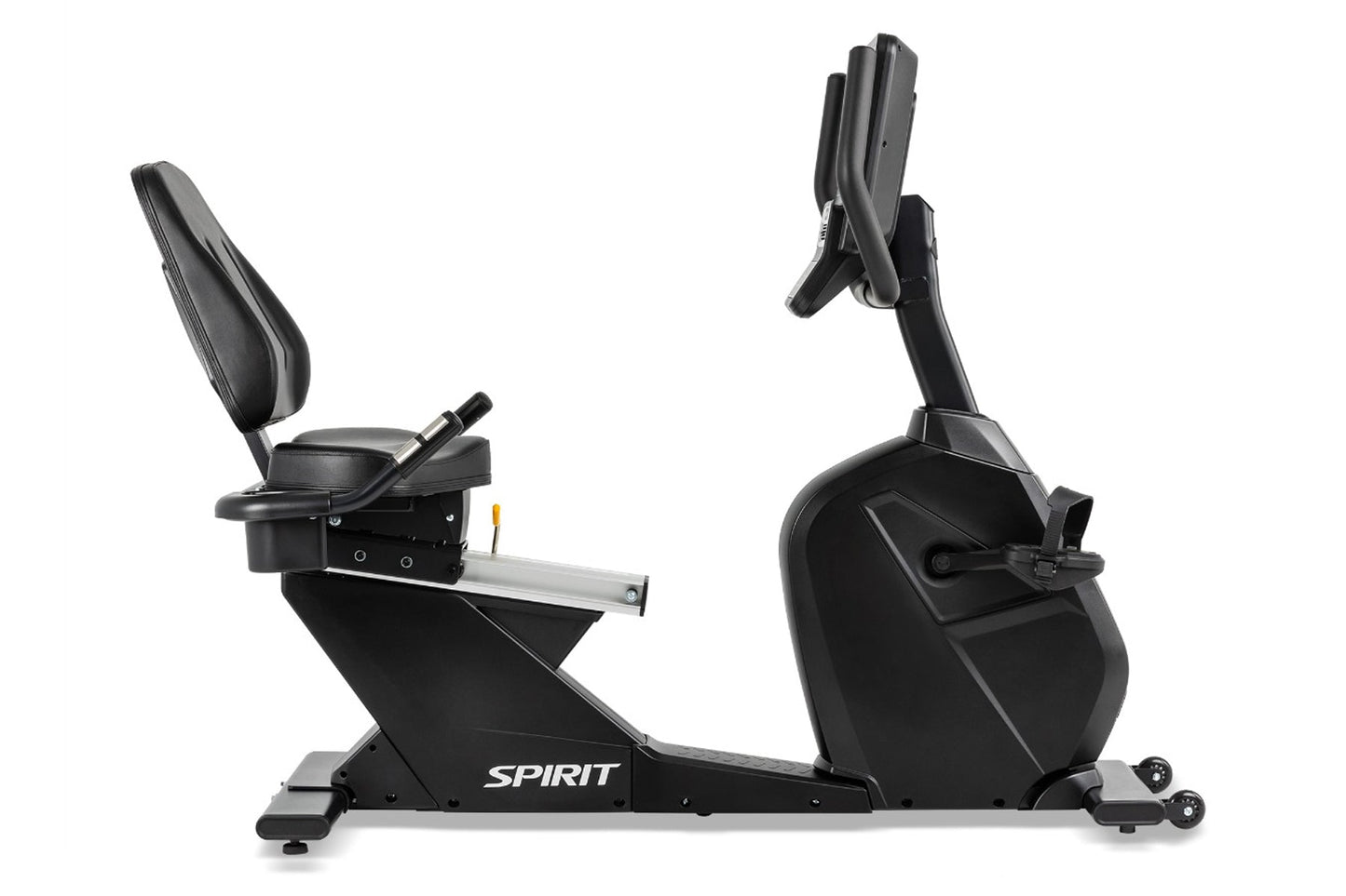 Spirit CR800ENT black recumbent exercise bike with padded seat, adjustable backrest, and tablet holder on white background