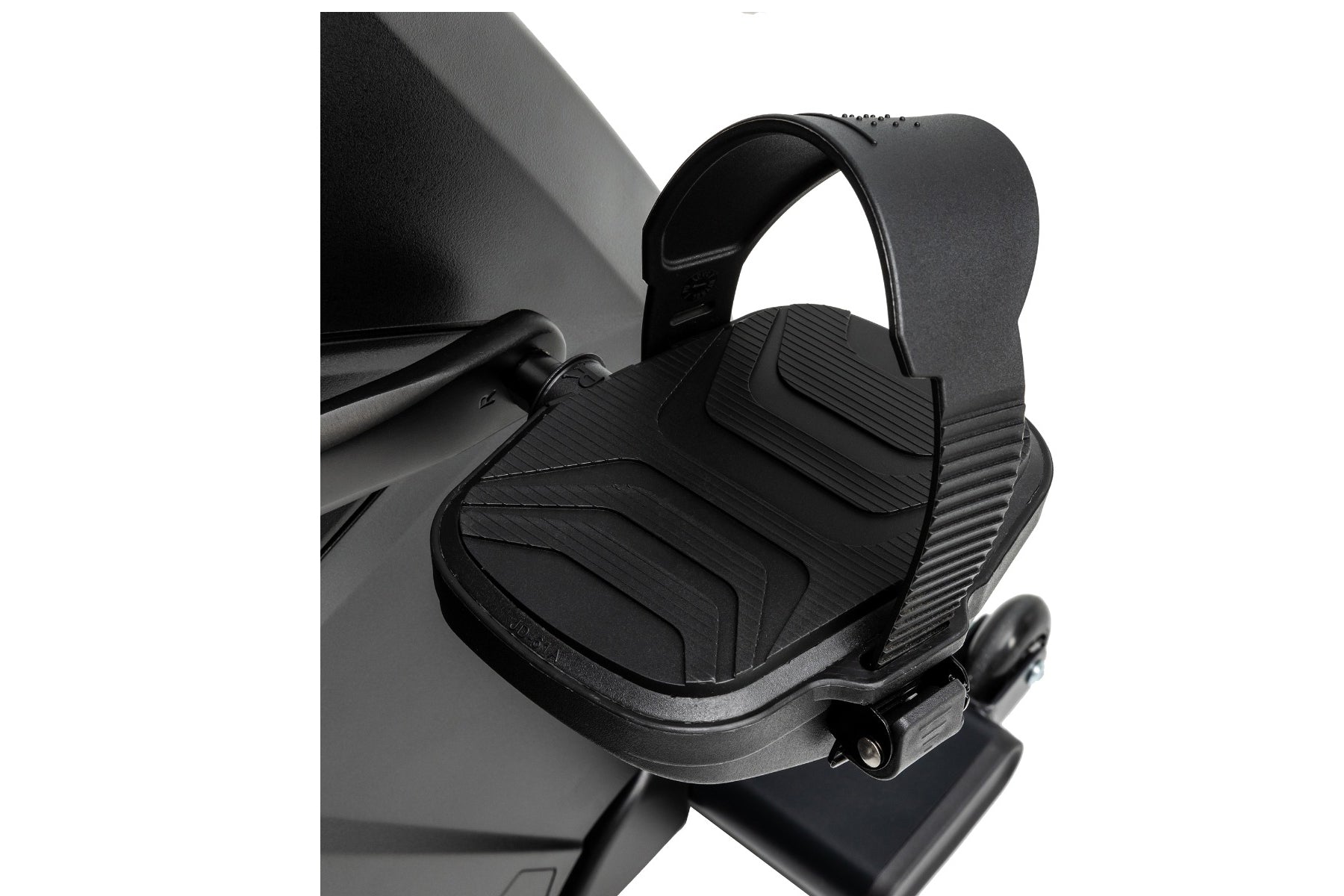 Black recumbent exercise bike seat with ribbed padding and back support, shown on white background