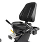 Black recumbent exercise bike with padded seat and backrest, armrests, and control console, shown on white background
