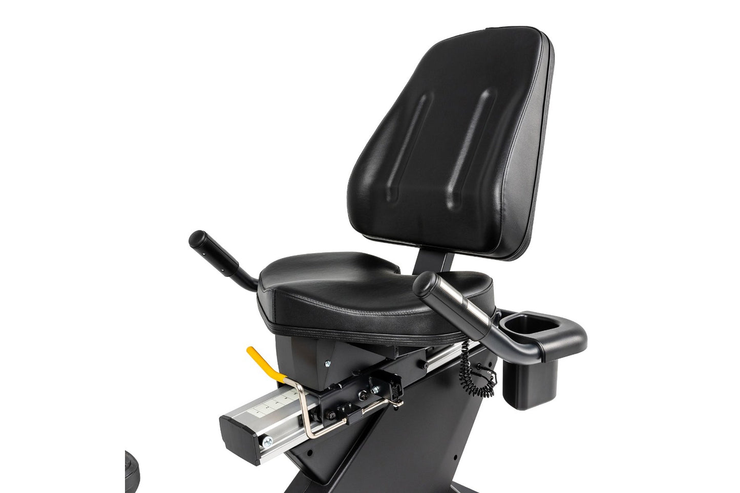 Black recumbent exercise bike with padded seat and backrest, armrests, and control console, shown on white background