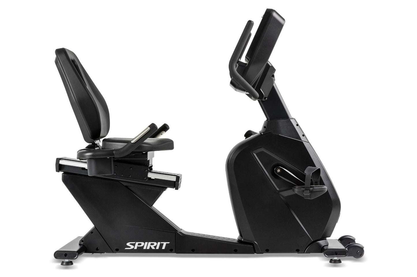 Black Spirit CR900 recumbent exercise bike with padded seat, adjustable armrests, and digital display console on white backgr