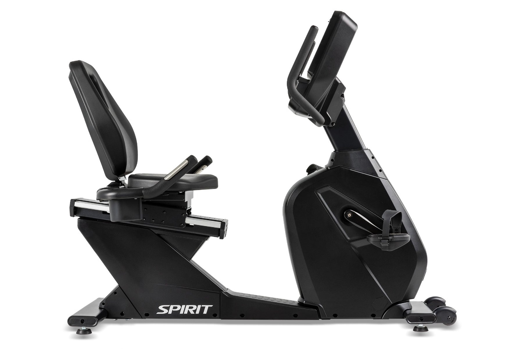 Black Spirit CR900 recumbent exercise bike with padded seat, adjustable armrests, and digital display console on white backgr