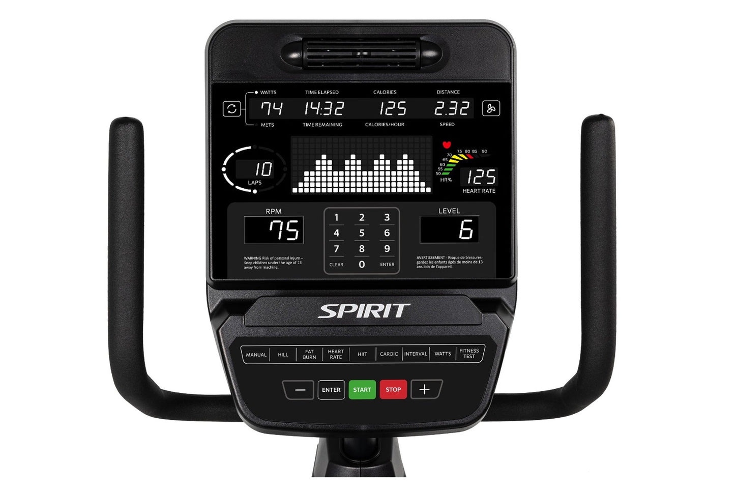 Spirit CR900 recumbent exercise bike with black frame, dual handles, and digital console displaying workout metrics on white 