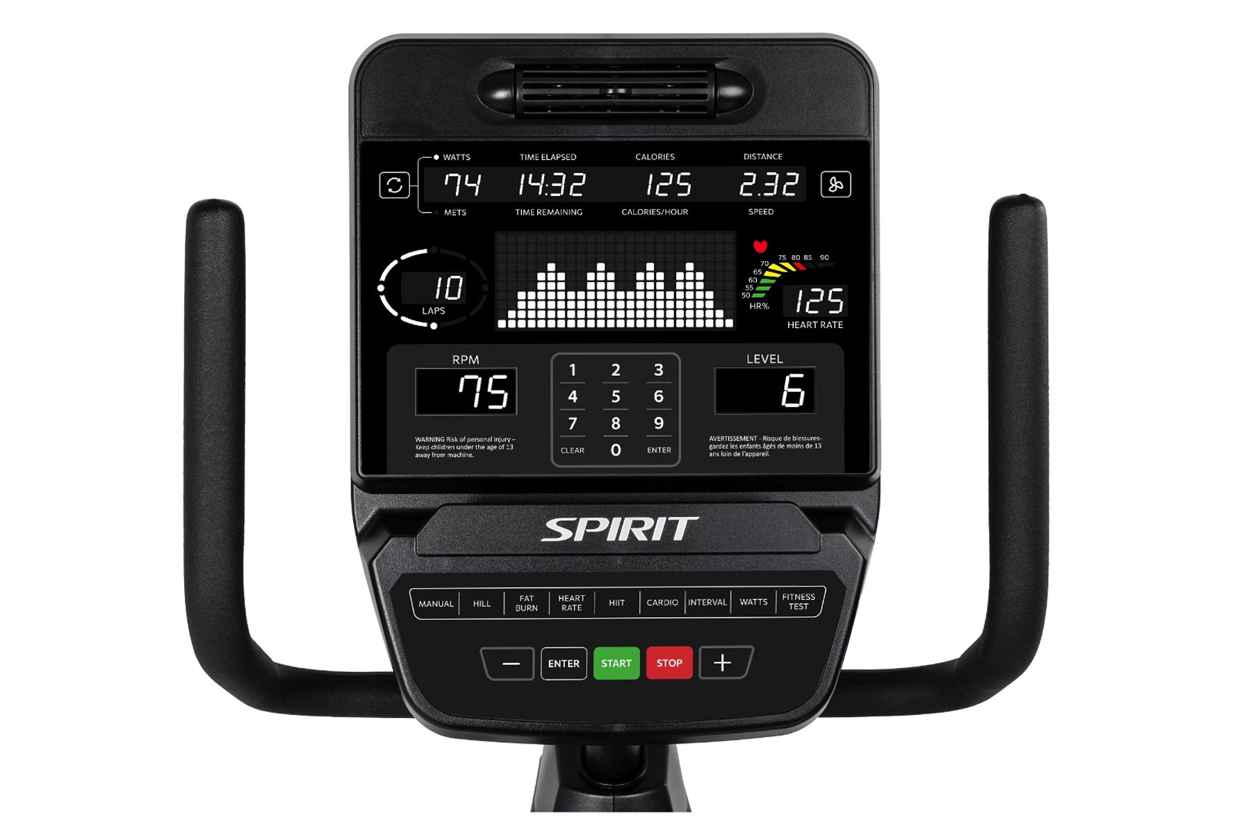 Spirit CR900 recumbent exercise bike with black frame, dual handles, and digital console displaying workout metrics on white 