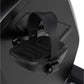 Black recumbent exercise bike with padded seat, adjustable footrest straps, and curved backrest support