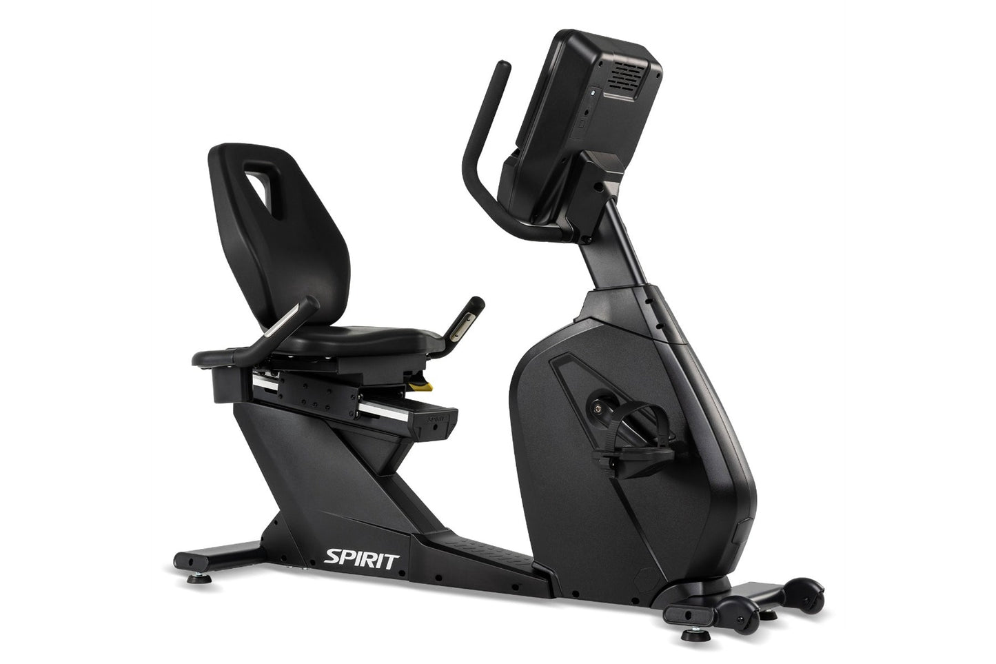 Black Spirit recumbent exercise bike with digital console display, padded seat and backrest, stationary on white background