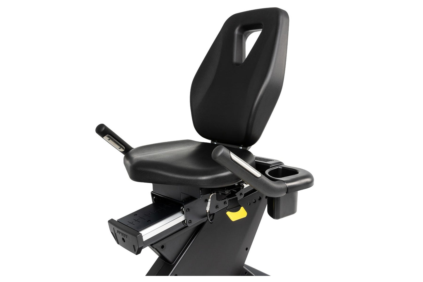 Black recumbent exercise bike with padded seat, backrest with handle cutout, armrests with cup holders, and foot pedals on wh