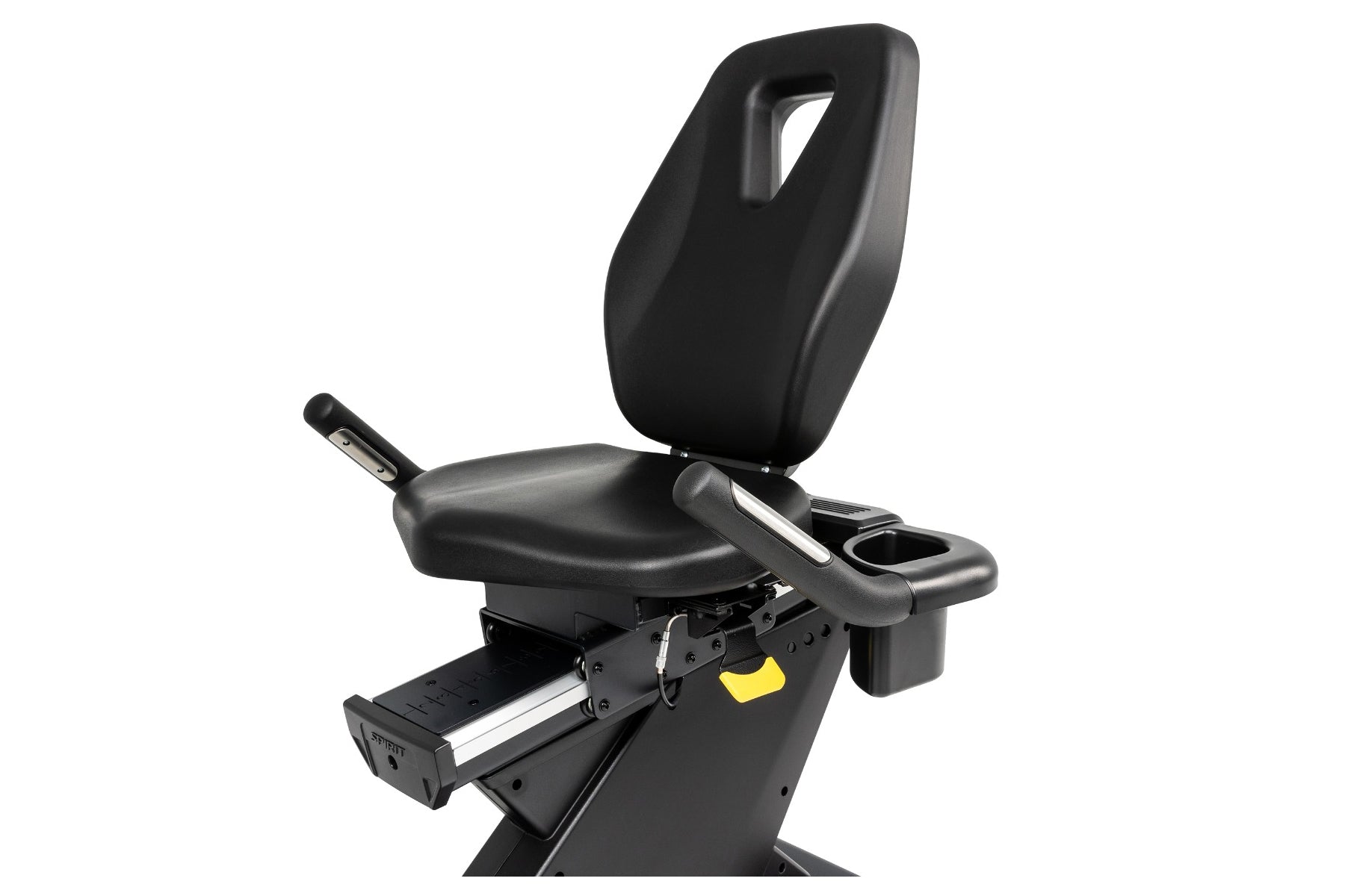 Black recumbent exercise bike with padded seat, backrest with handle cutout, armrests with cup holders, and foot pedals on wh