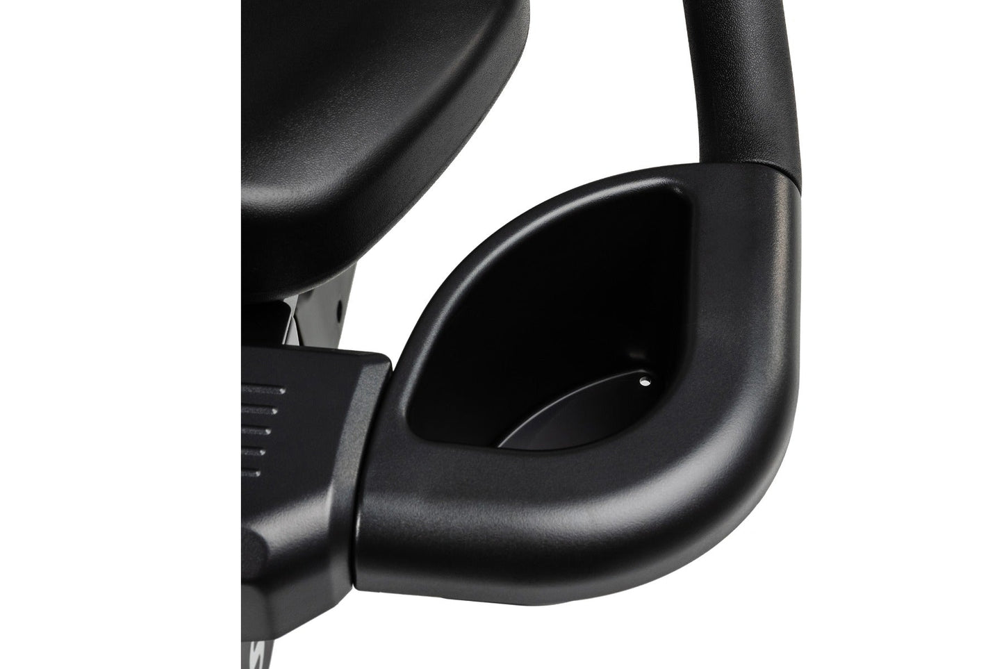 Black recumbent exercise bike seat and backrest detail on white background