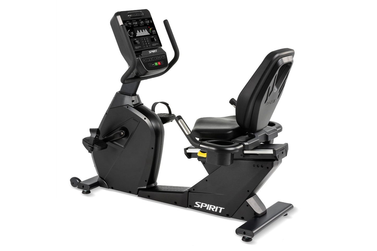Spirit CR900 recumbent exercise bike with black frame, digital console display, and cushioned seat on white background