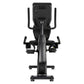 Black recumbent exercise bike with curved handlebars, digital console, and foot pedals, viewed from front on white background