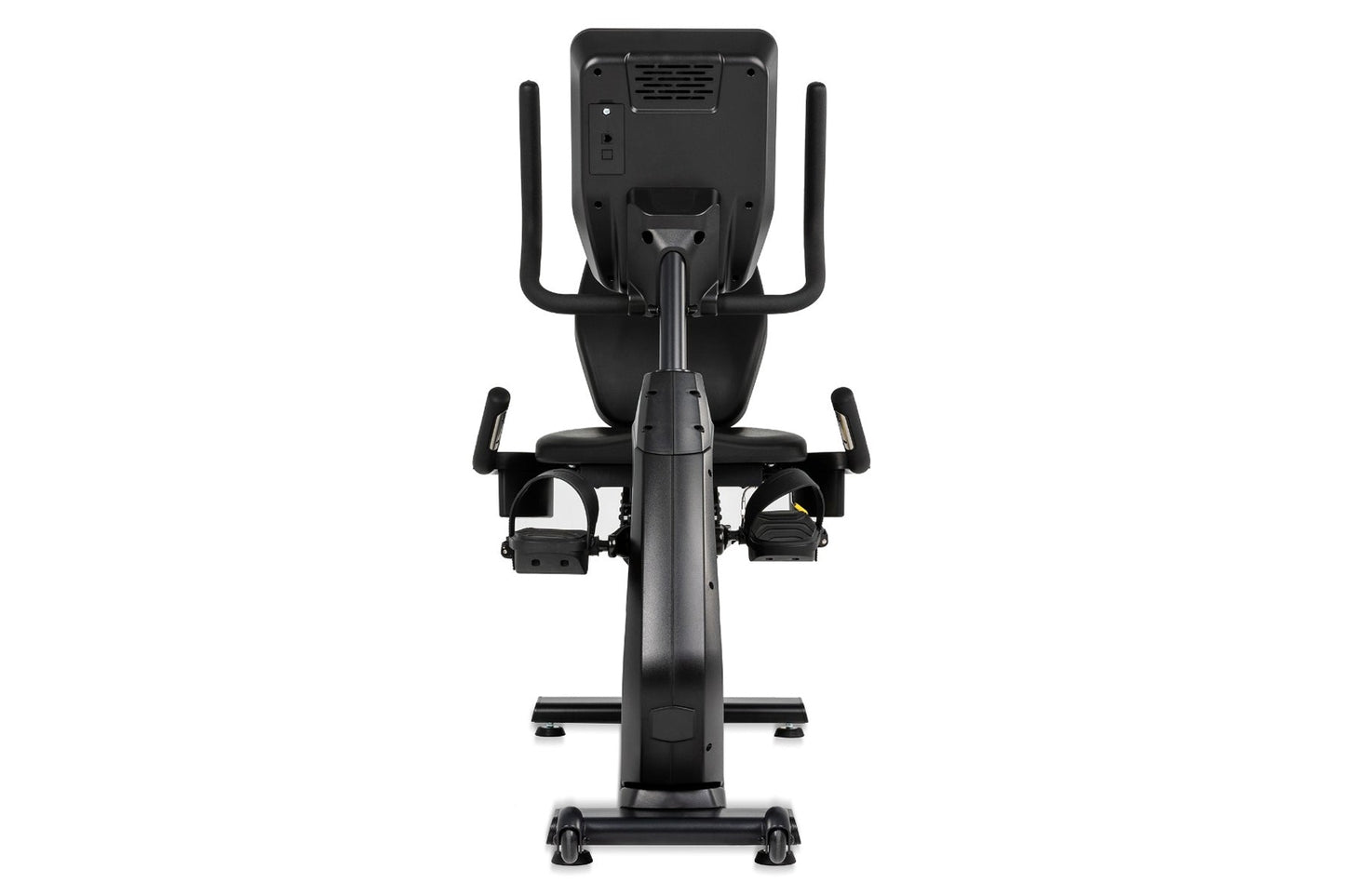 Black recumbent exercise bike with curved handlebars, digital console, and foot pedals, viewed from front on white background