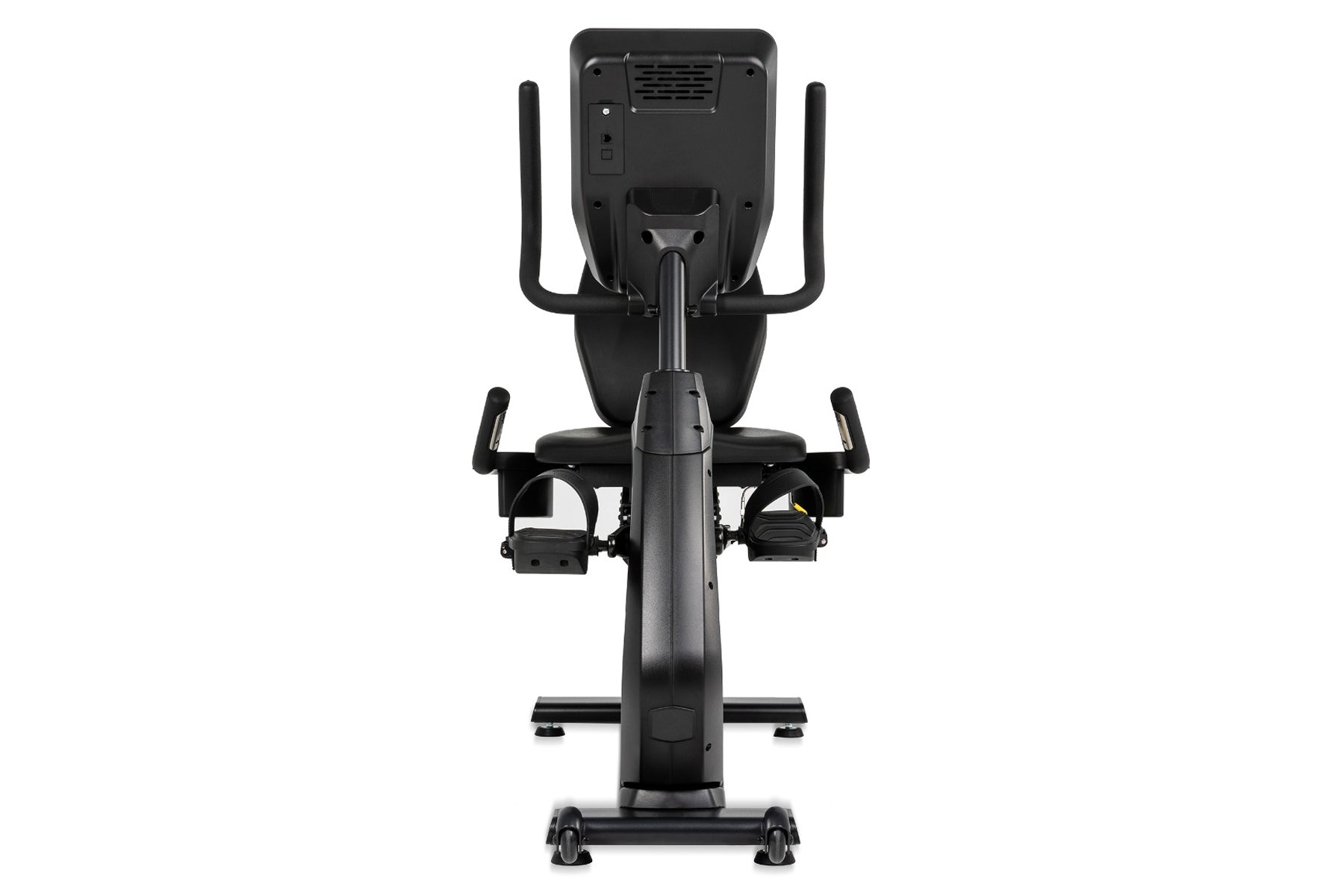 Black recumbent exercise bike with curved handlebars, digital console, and foot pedals, viewed from front on white background