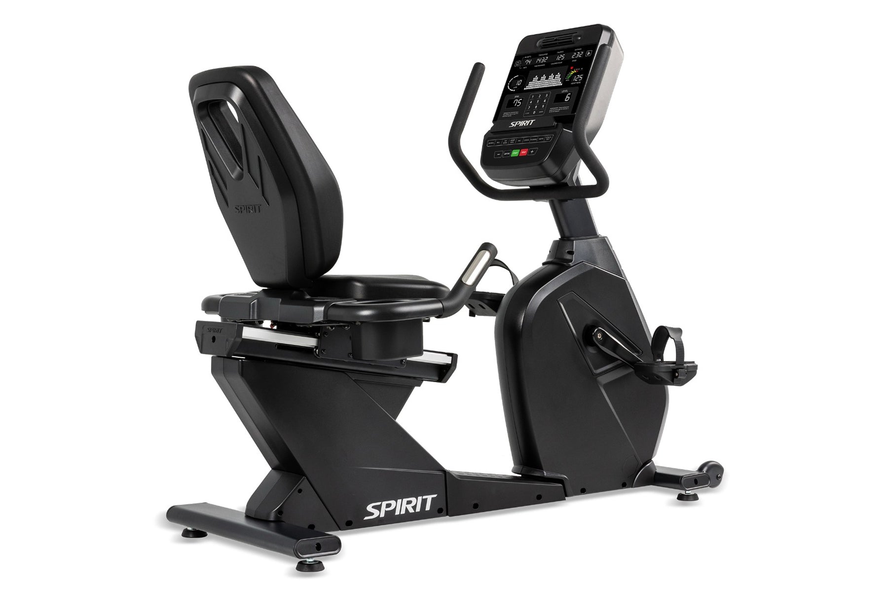 Spirit CR900 black recumbent exercise bike with digital console, padded seat, and foot pedals on white background