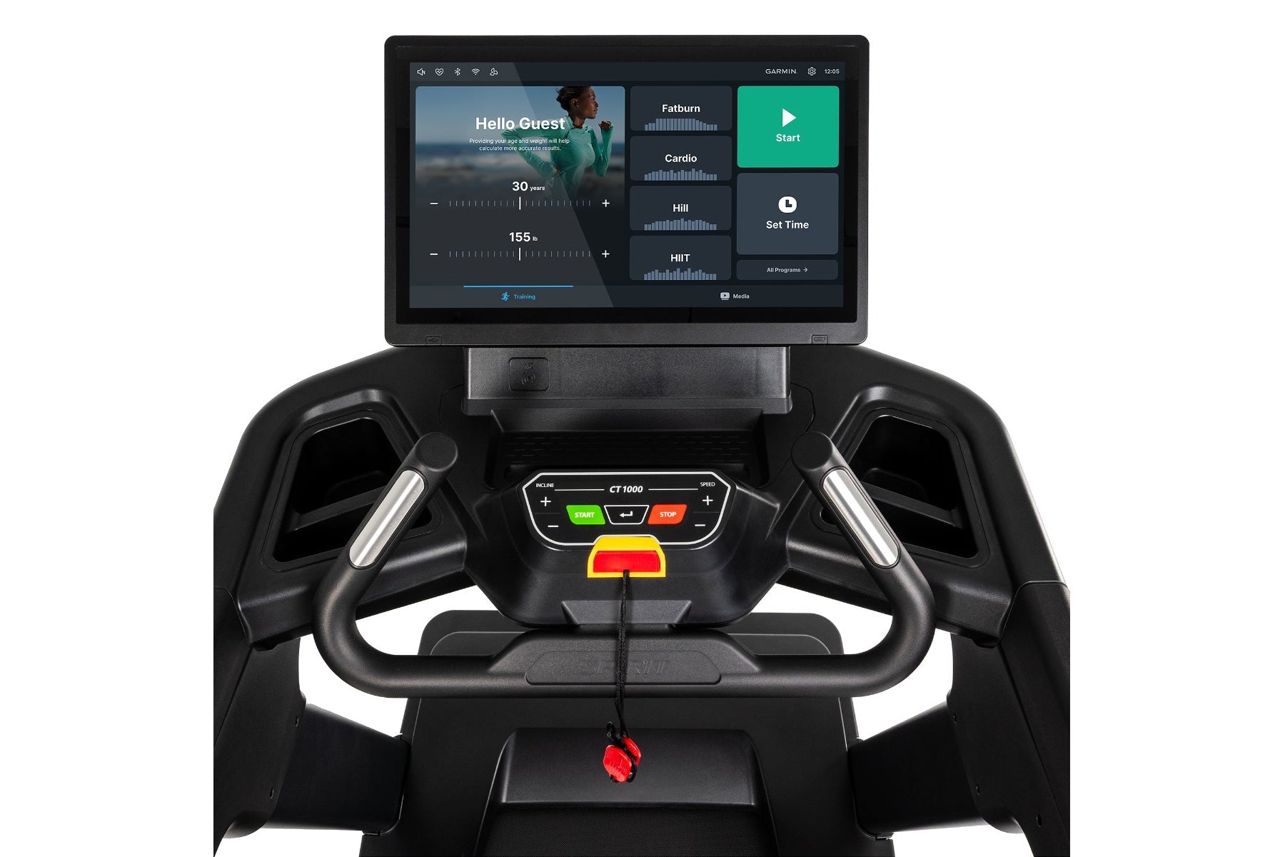Black Spirit CT1000ENT treadmill with touch screen display showing Garmin fitness app and workout interface, viewed from fron