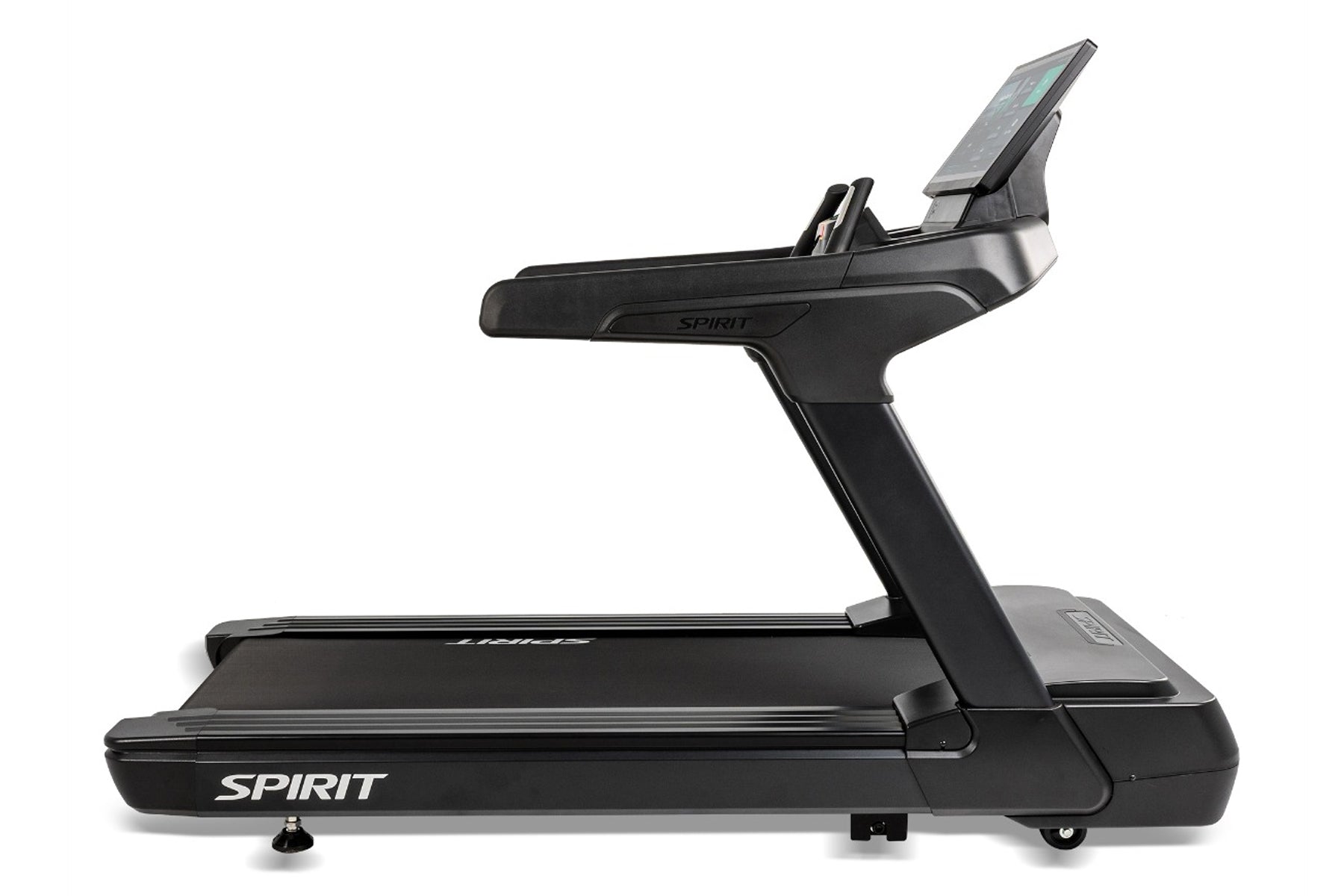Spirit CT1000ENT black treadmill with tablet holder and digital display on white background