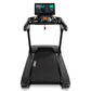 Black Spirit treadmill with digital touchscreen display, gray handrails, and red emergency stop clip on white background
