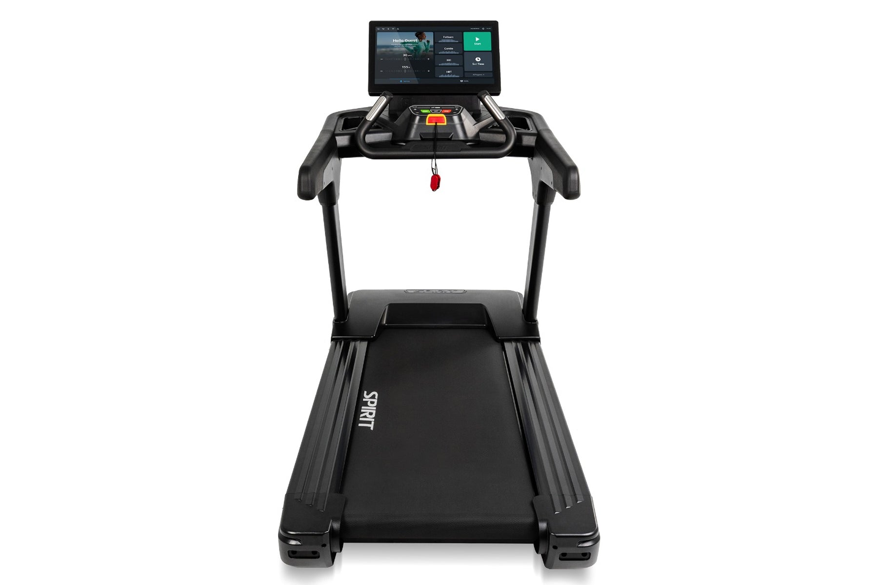 Black Spirit treadmill with digital touchscreen display, gray handrails, and red emergency stop clip on white background