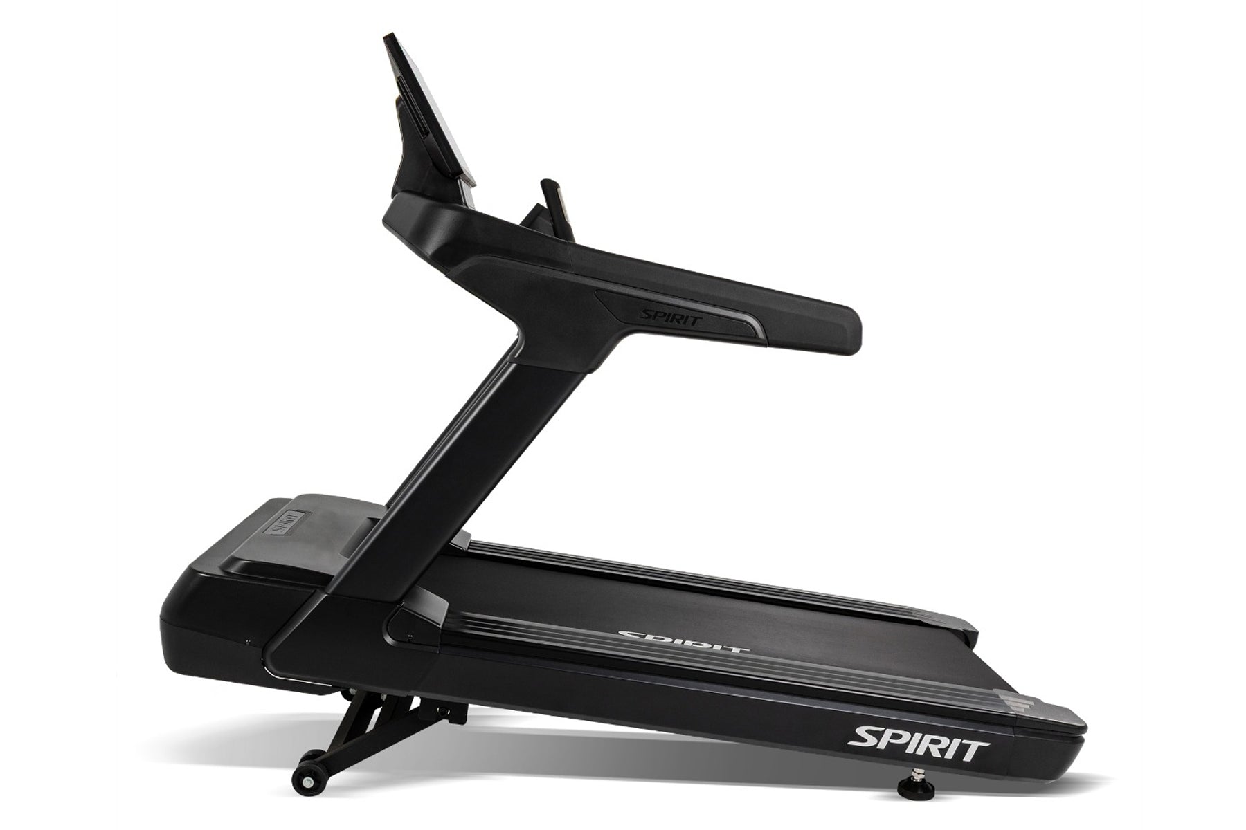 Black Spirit CT1000ENT treadmill with digital console, handrails, and running deck on white background