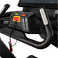 Black treadmill console with digital display, colorful control buttons, and attached safety key with red clip