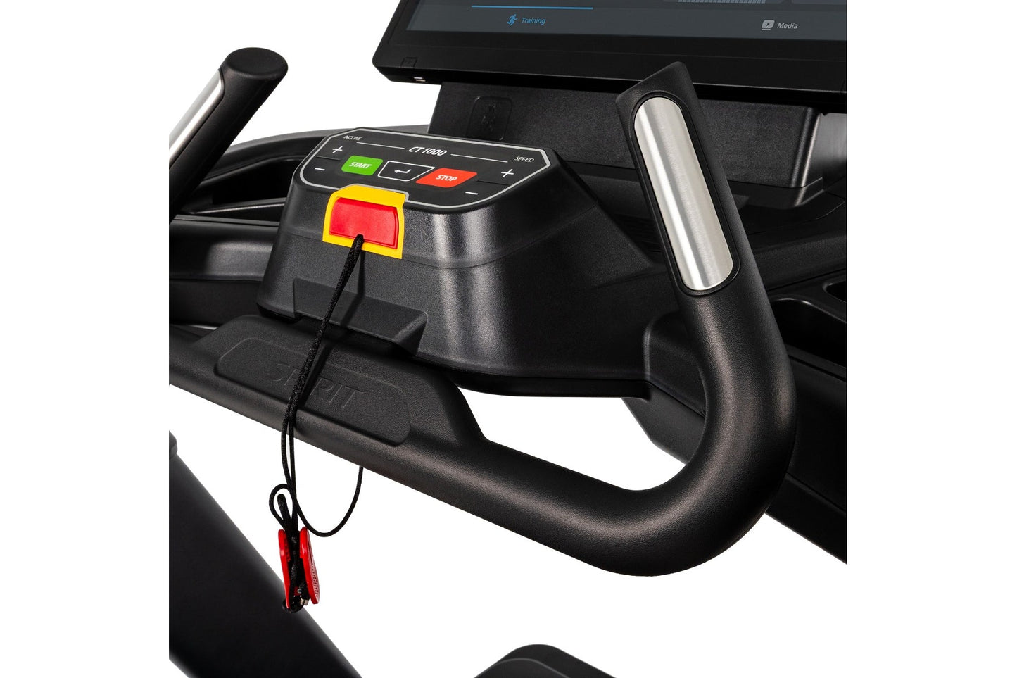 Black treadmill console with digital display, colorful control buttons, and attached safety key with red clip