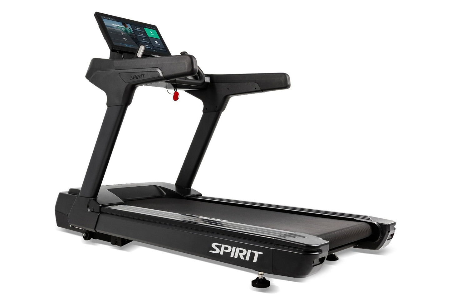 Spirit CT1000ENT black treadmill with digital display console and handlebar, shown on white background
