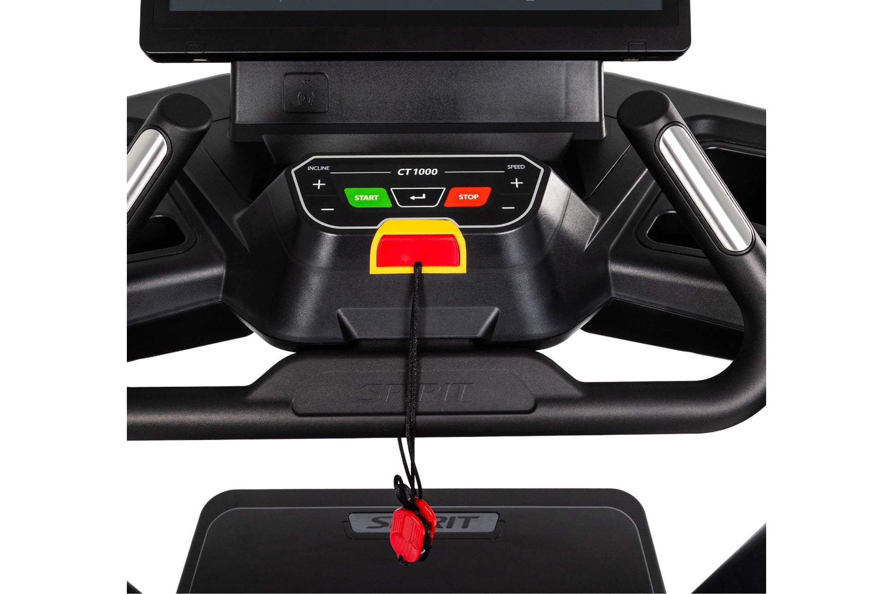 CT1000 treadmill control console with green start button, red stop button, and digital display, overhead view on white backgr