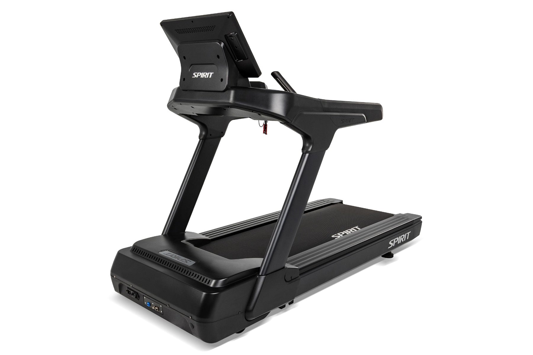 Spirit CT1000ENT black treadmill with digital display console, wide running deck, and sturdy frame on white background