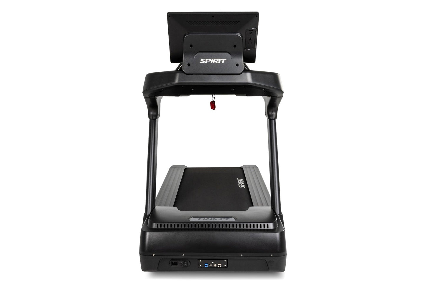 Spirit CT1000ENT treadmill with black frame, gray running belt, digital display console mounted on top, and control panel at 