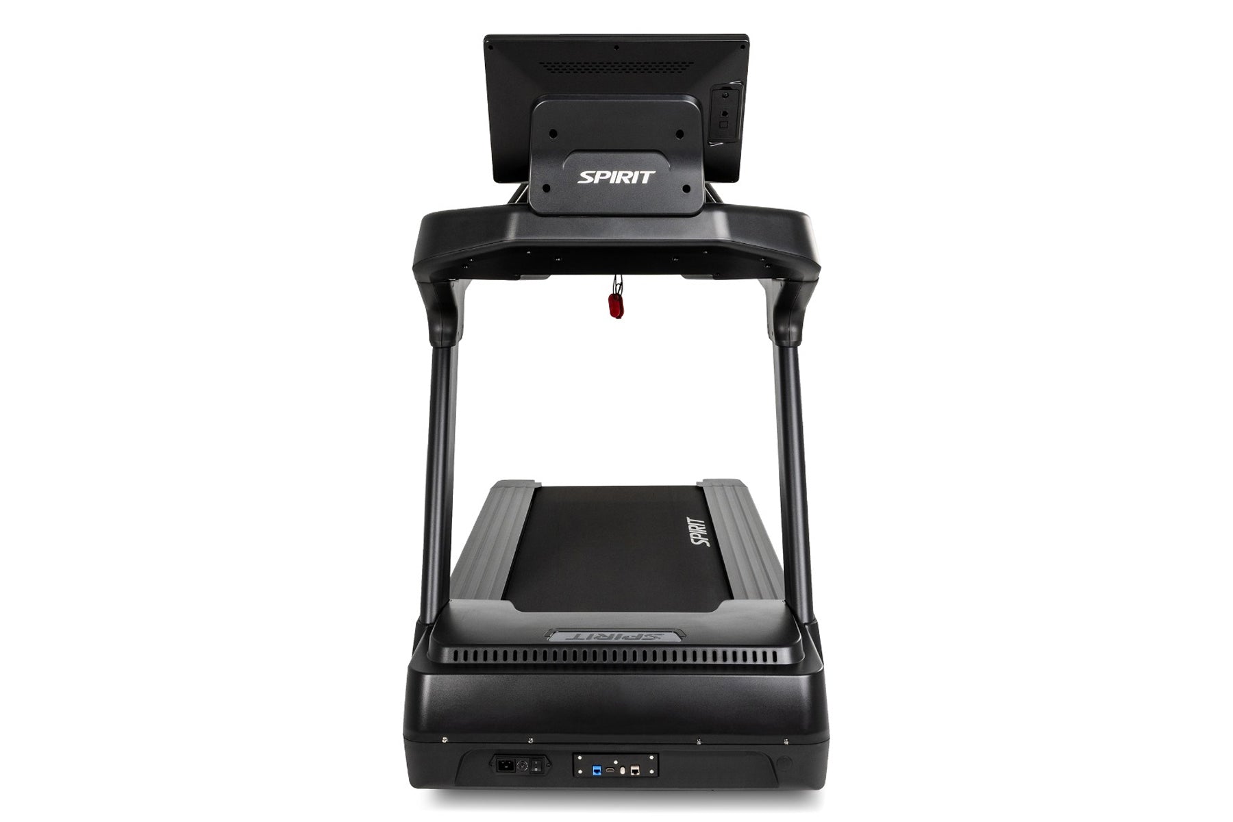 Spirit CT1000ENT treadmill with black frame, gray running belt, digital display console mounted on top, and control panel at 