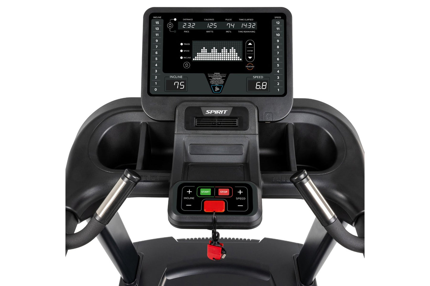 Spirit CT800 treadmill console displaying running metrics with black frame, dual handles with chrome accents, and red start-s
