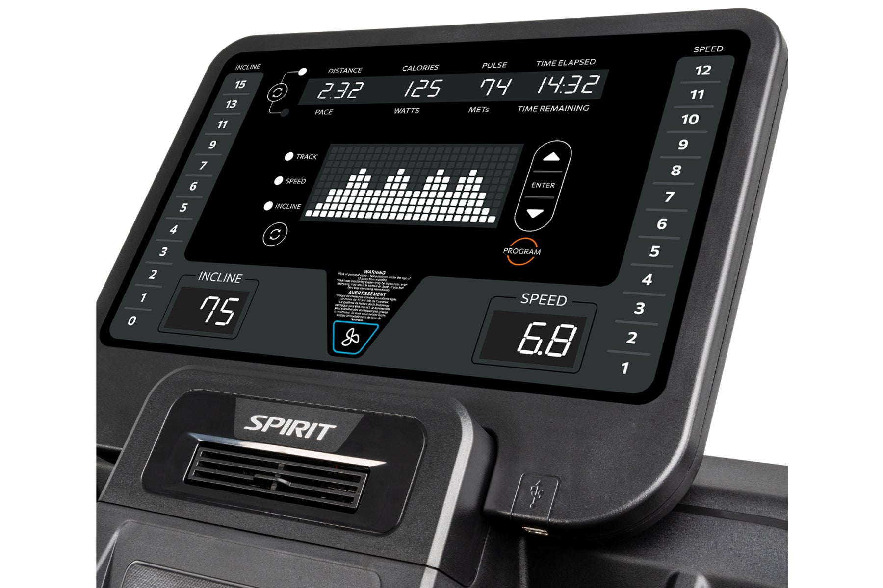 Spirit CT800 treadmill console with digital display showing workout metrics, incline and speed controls, on white background