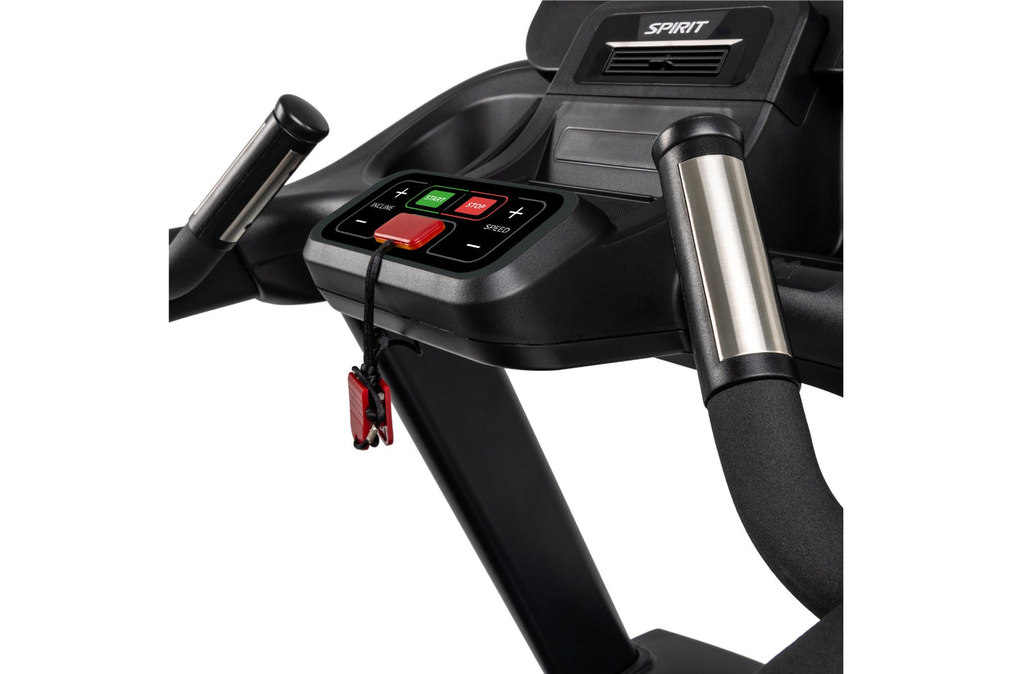 Spirit CT800 treadmill console with black frame, stainless steel handles, and digital display with red and green control butt