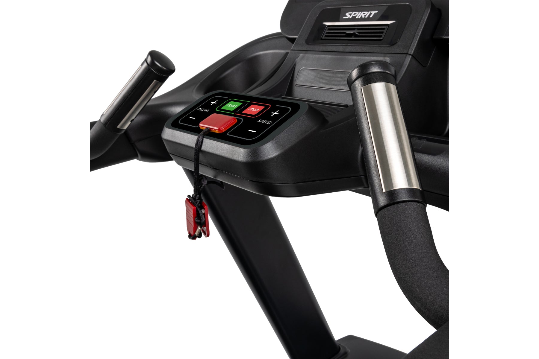 Spirit CT800 treadmill console with black frame, stainless steel handles, and digital display with red and green control butt