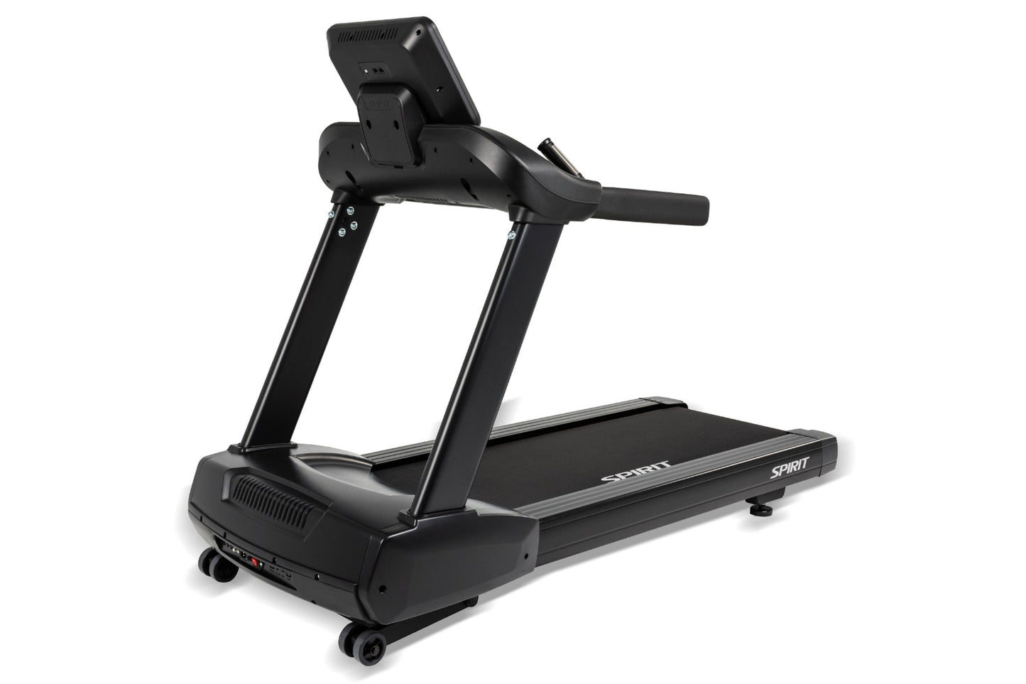 Black Spirit CT800 treadmill with digital display console, cushioned running deck, and fixed handrails on white background