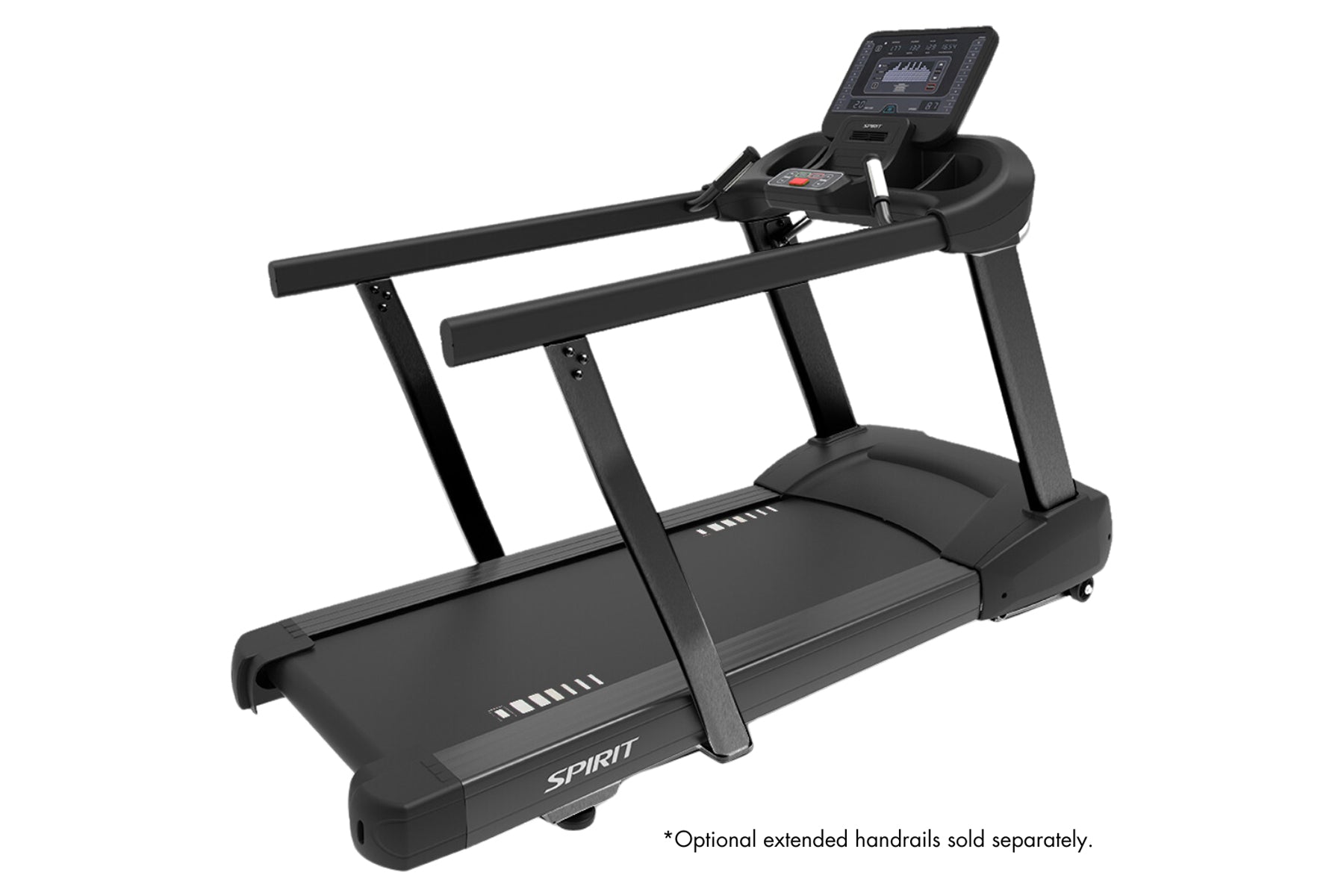 Black Spirit CT800 commercial treadmill with digital display console, dual handrails, and cushioned running deck on white bac