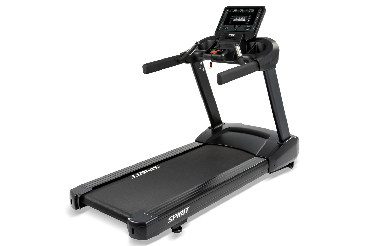 Black Spirit CT800 treadmill with digital display console, padded handles, and wide running deck on white background