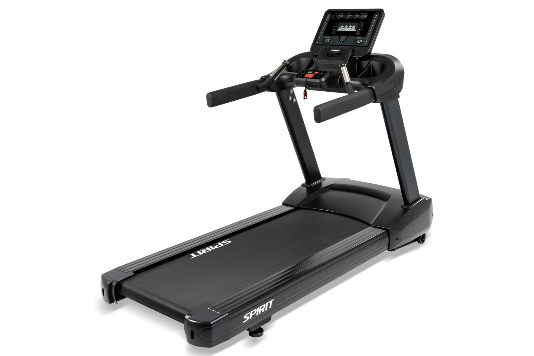 Black Spirit CT800 treadmill with digital display console, padded handles, and wide running deck on white background