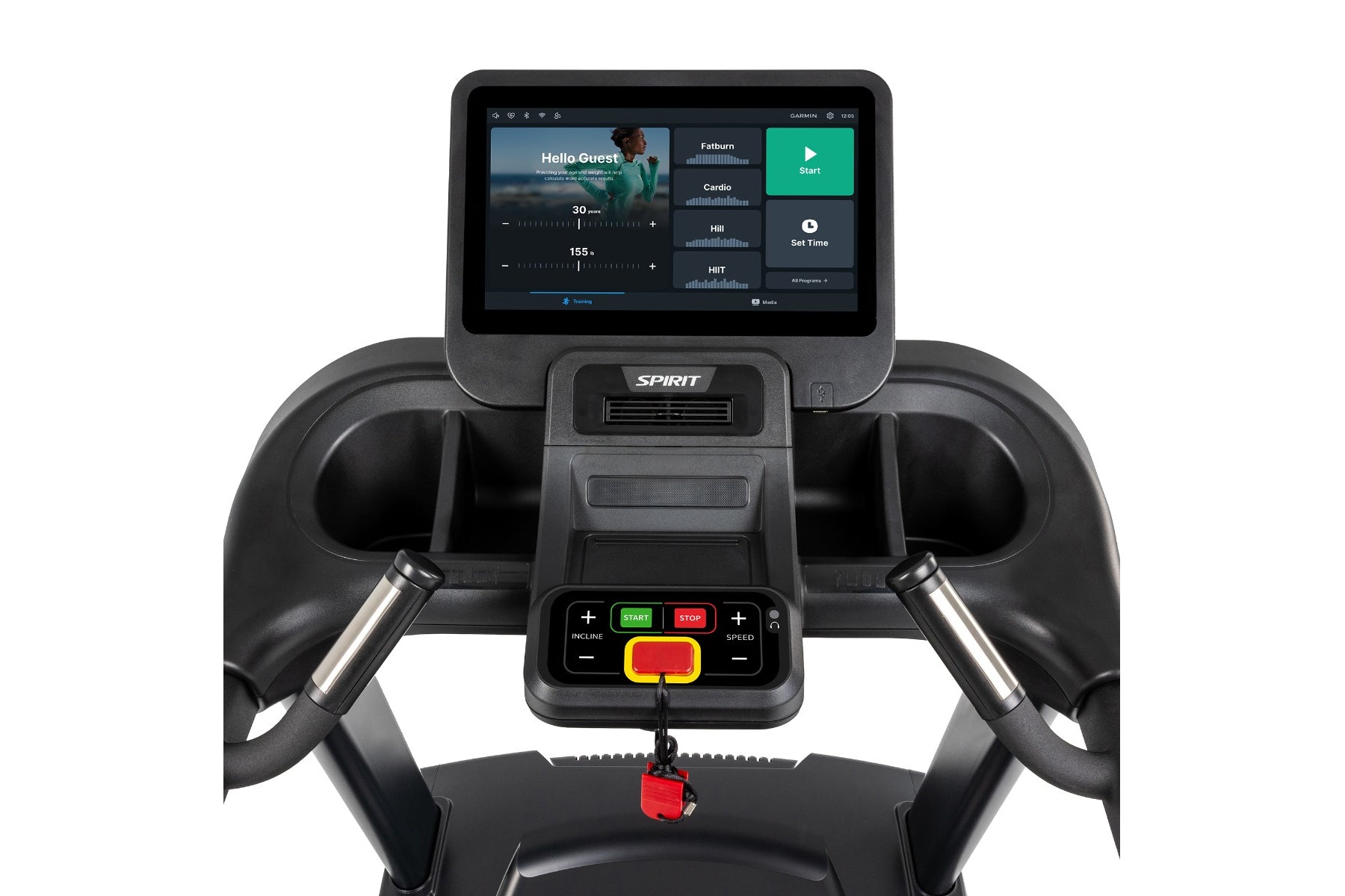Black Spirit CT800ENT treadmill with touchscreen display showing workout interface, control console with green start and red 
