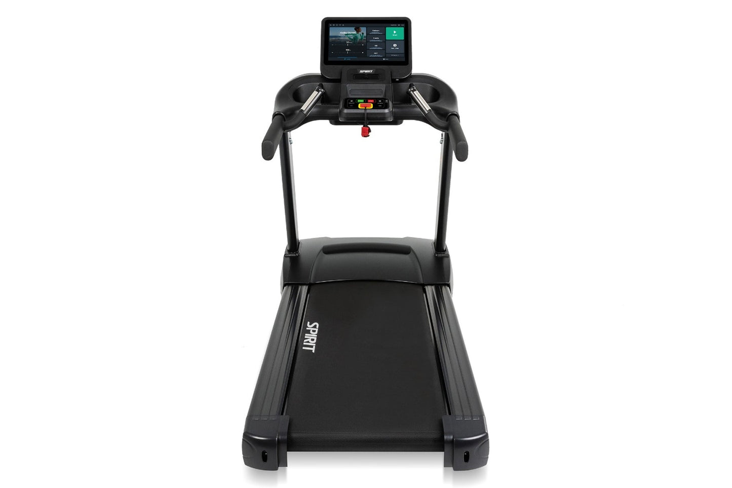 Black Spirit treadmill with touchscreen display console, black handles, and running belt on white background, front view